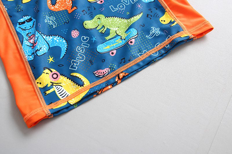 男寶長袖泳裝套裝(附帽子)-滑板恐龍-深藍+橘