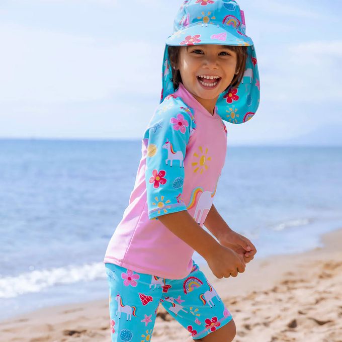 英國 JoJo Maman BeBe - 嬰幼兒/兒童泳裝戲水UPF50+防曬護頸遮陽帽-童話世界