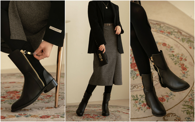 韓國 PINKELEPHANT - 外側拉鍊異材質拼接感半筒皮靴(3.5cm)-裏毛-黑