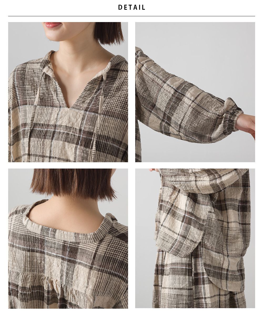 日本 OMNES - 純棉知性格紋澎澎袖上衣-黃綠紅