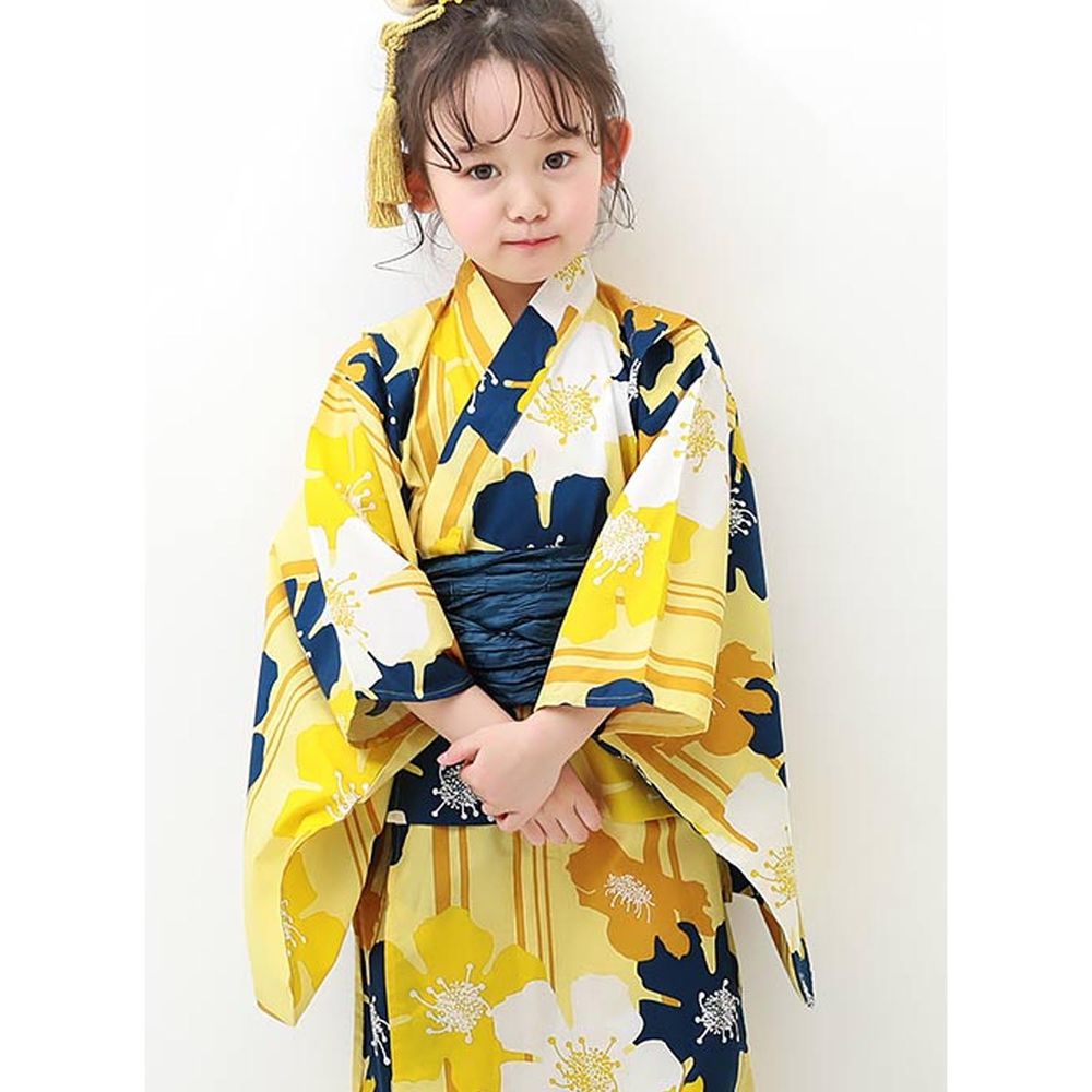 日本 devirock - 純棉夏日祭典花朵浴衣兵兒帶2件組-繁盛花朵-黃x深綠