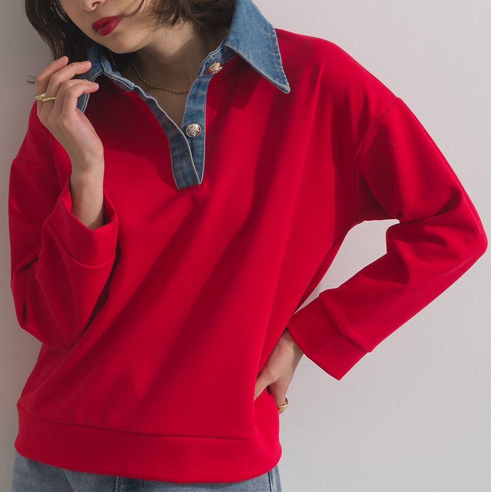 牛仔領層次感厚磅休閒長袖上衣-紅