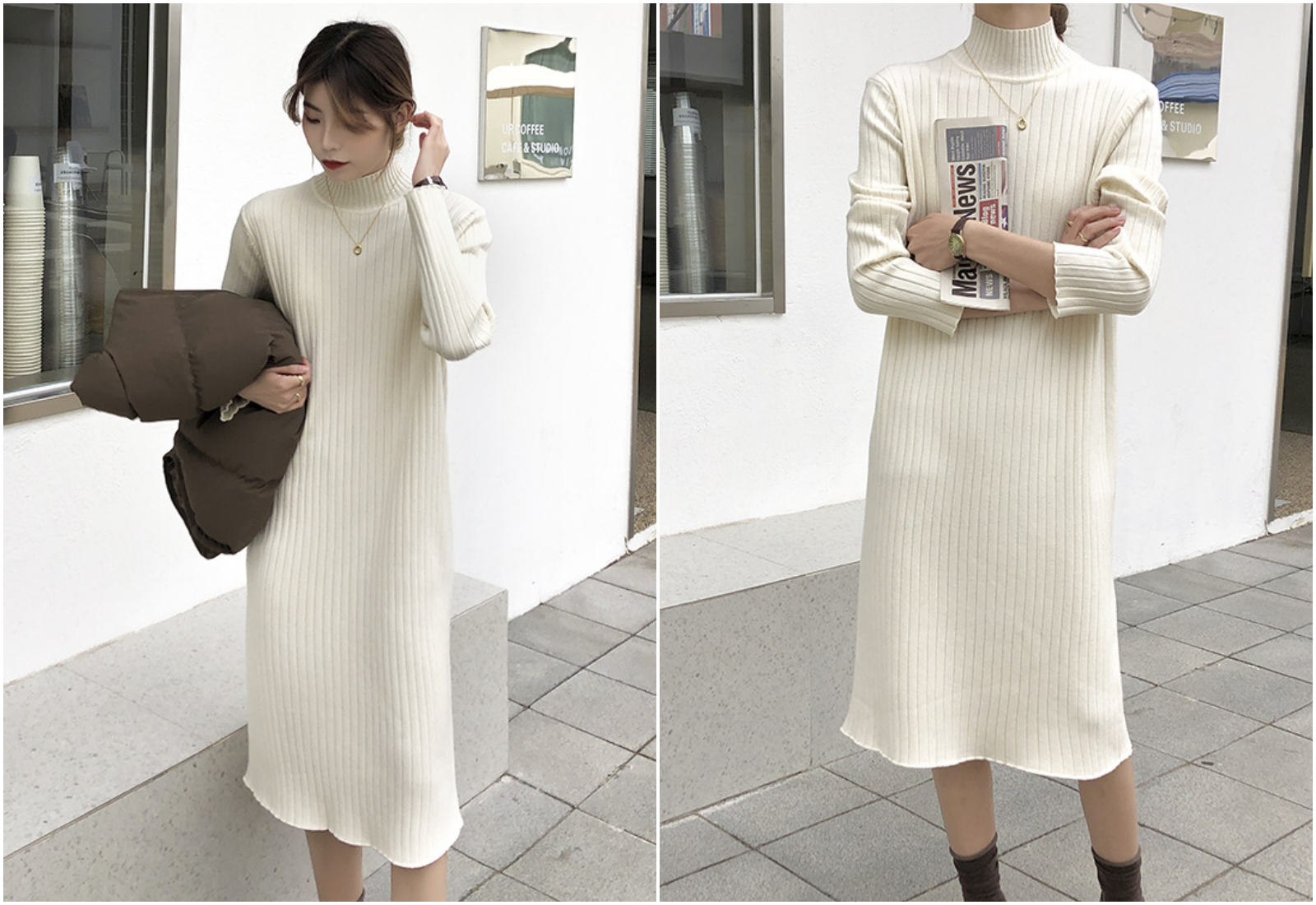 優雅顯高針織連身裙-深灰 (F)