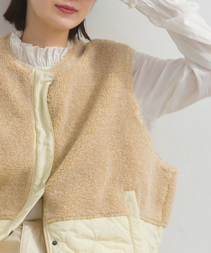 日本 Lupilien - 文青風異素材毛絨拼接保暖背心-炭灰