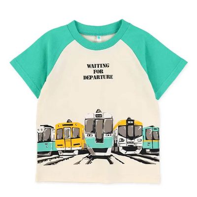 日本西松屋 - 100%棉 撞色印花短袖上衣-電車-湖水綠