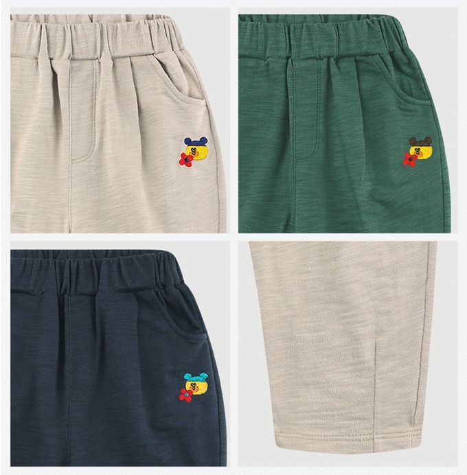 韓國 milk mile - 鬆緊腰小熊刺繡休閒長褲-深藍灰