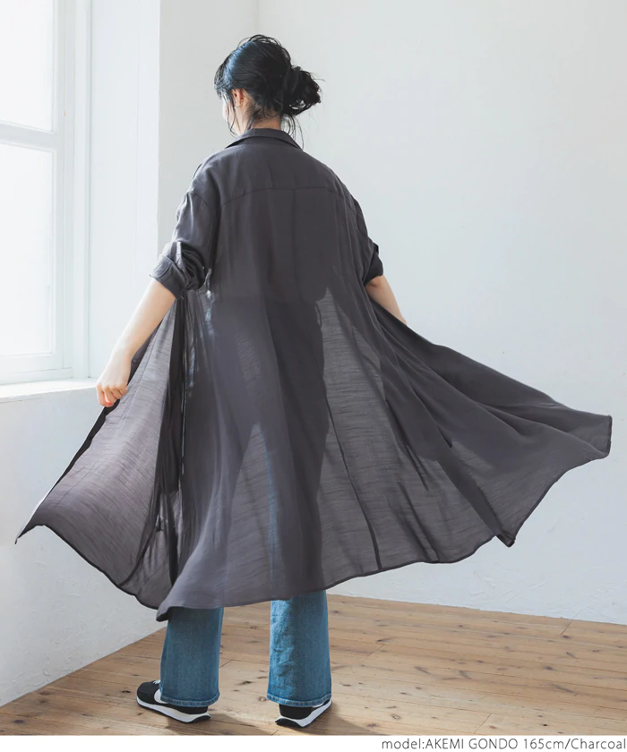 日本 COCA - 寬鬆傘狀薄長袖襯衫洋裝/外套-粉