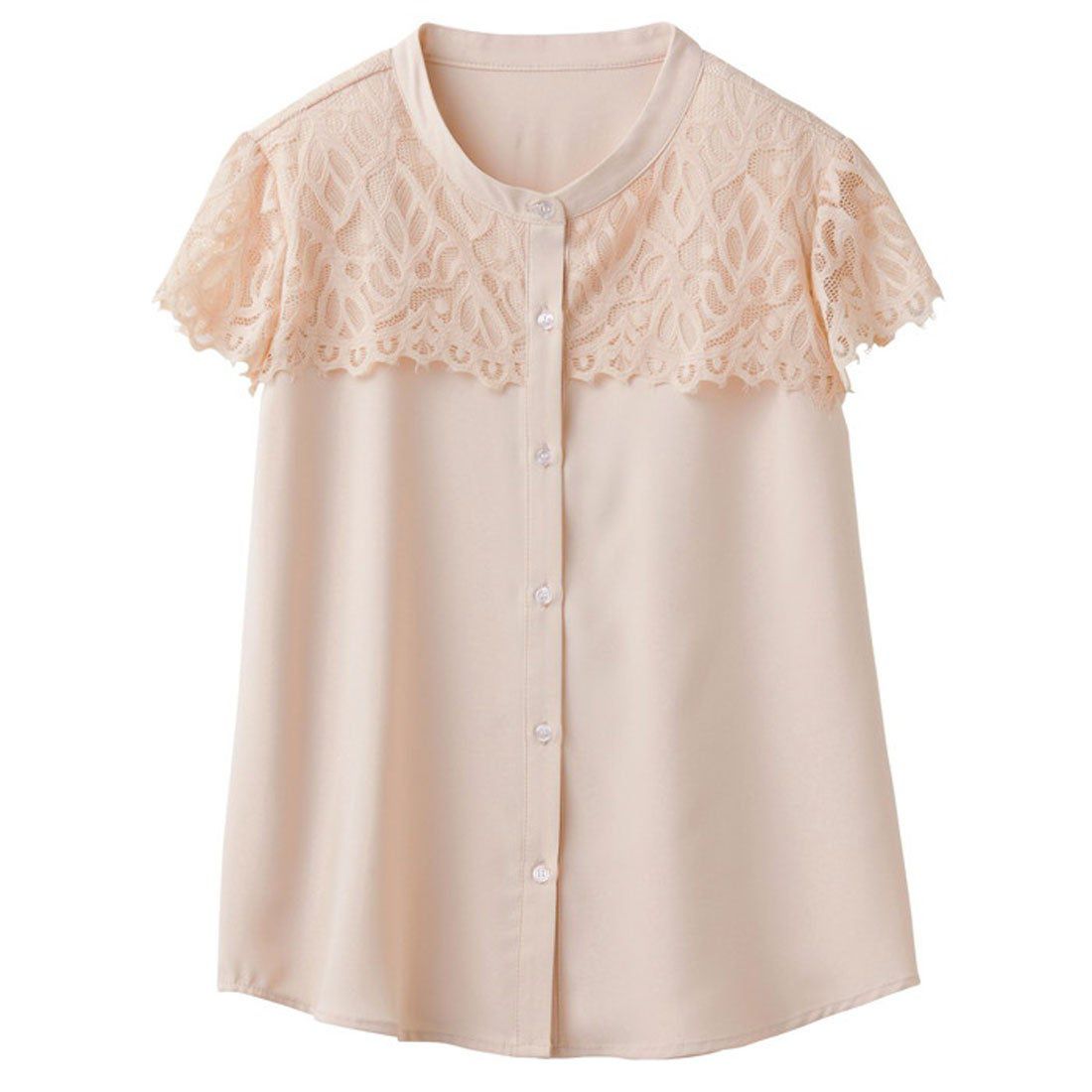 日本 BELLUNA - 精緻蕾絲拼接雪紡無袖襯衫-淺杏