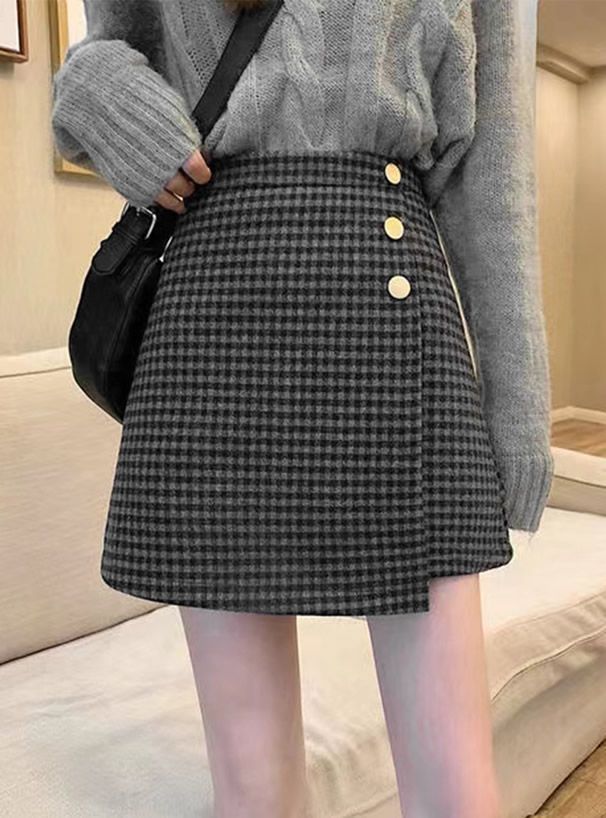 日本 GRL - 不規則裙擺格紋毛呢短裙(附安全褲內襯)-黑