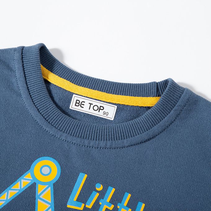 純棉圓領長袖上衣/大學T-小小挖土機-霧霾藍