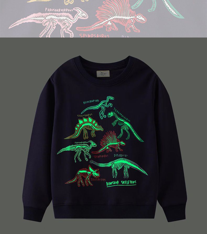 Jumping meters - 夜光圓領棉質長袖上衣/大學T-恐龍化石介紹-深藍色