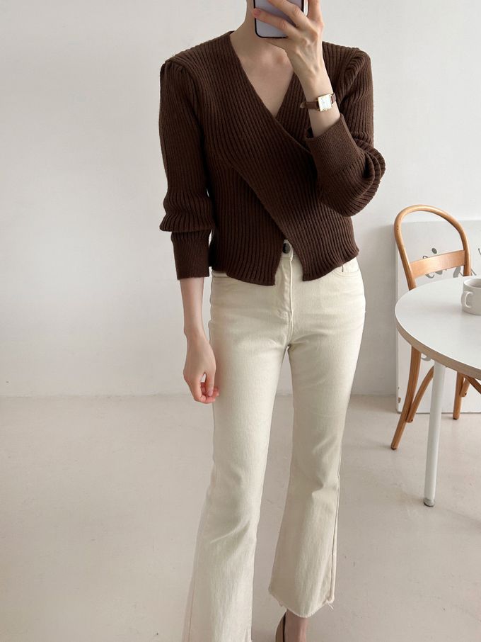 韓國女裝連線 - X交叉設計彈性坑條針織上衣-粉 (FREE)