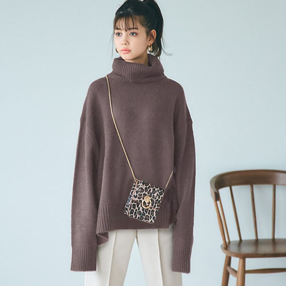 日本 GRL - 大寬鬆高領開衩針織毛衣-摩卡