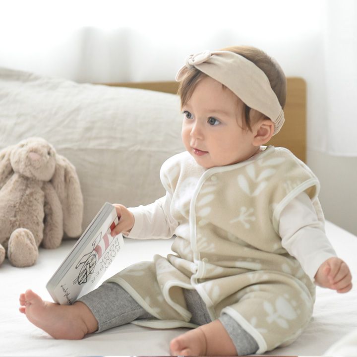 日本 kukka ja puu - 日本製 刷毛防踢被/背心-小樹刺繡-灰綠x白邊