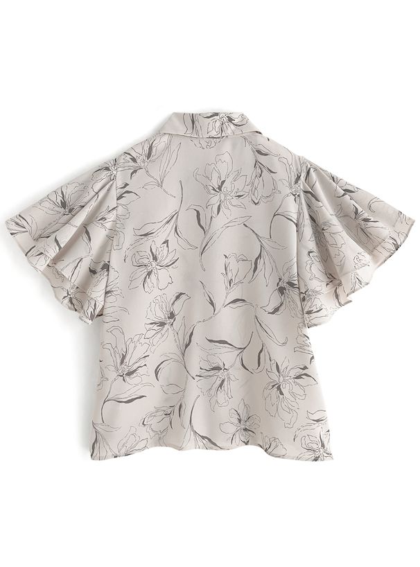 日本 GRL - 花朵線條蝴蝶結雪紡短袖上衣-簡約黑