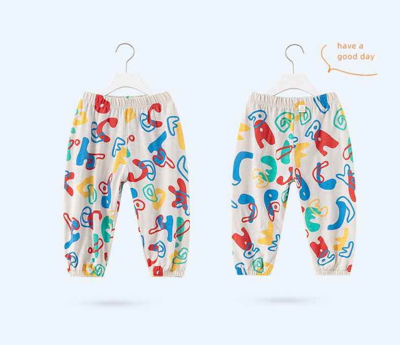 竹節棉束口長褲/防蚊褲-滿版繽紛英文字母-杏色