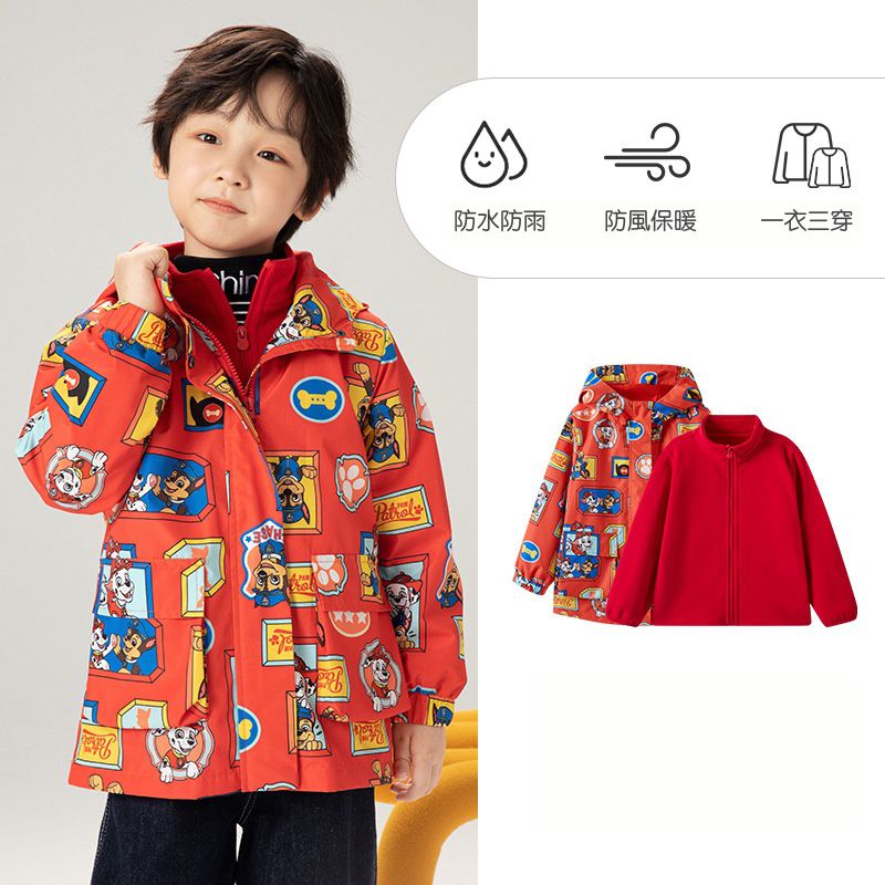卡通汪汪隊連帽滿印衝鋒外套(單件入）-卡通人物阿奇+毛毛-紅色-不含搖粒絨內著