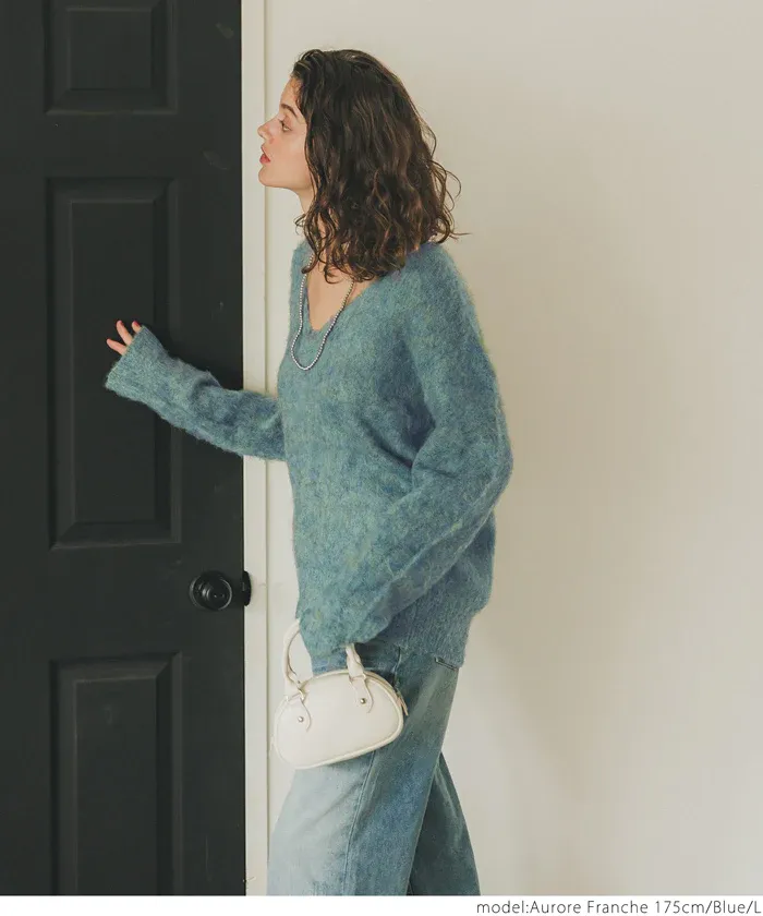 日本 COCA - 大V領混色毛海感針織上衣-藍綠系