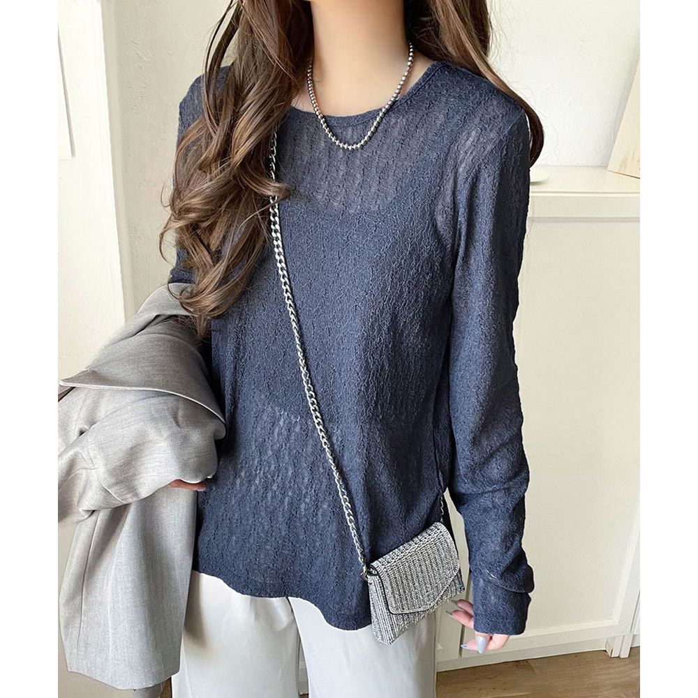 網狀蕾絲透膚圓領長袖上衣-藍