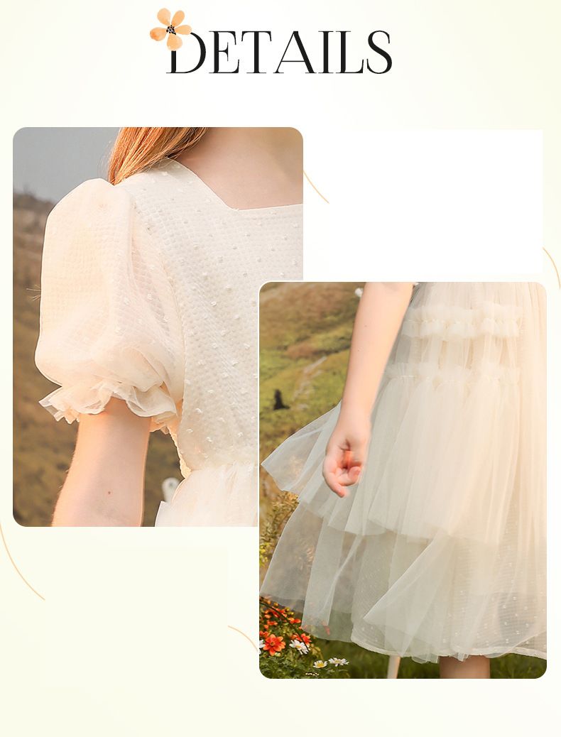 Little Deeyoo - 方領公主袖網紗蛋糕連身洋裝-米白色