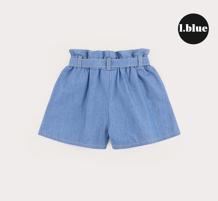 韓國 HEJMINI - 蝴蝶結綁帶軟牛仔短褲-藍