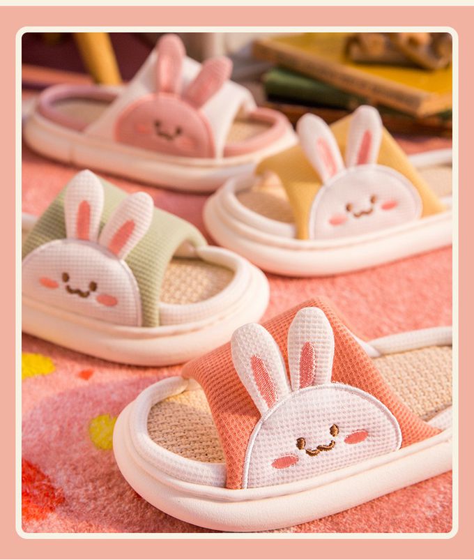 厚底海綿感亞麻室內拖鞋-熊熊-藍色