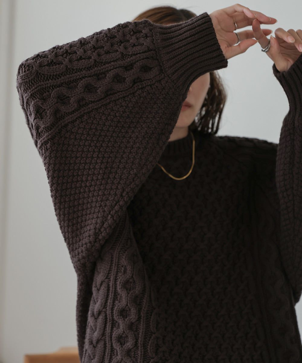 日本 Bab - 麻花編織大寬袖針織上衣-炭灰