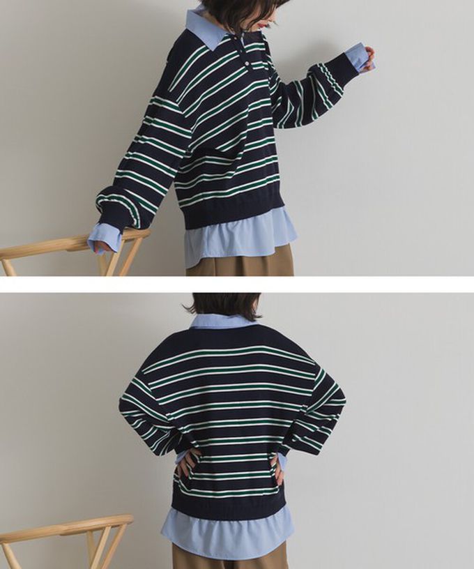 日本 ELENCARE DUE - 假二件襯衫領輕盈落肩長袖上衣-藍灰條紋