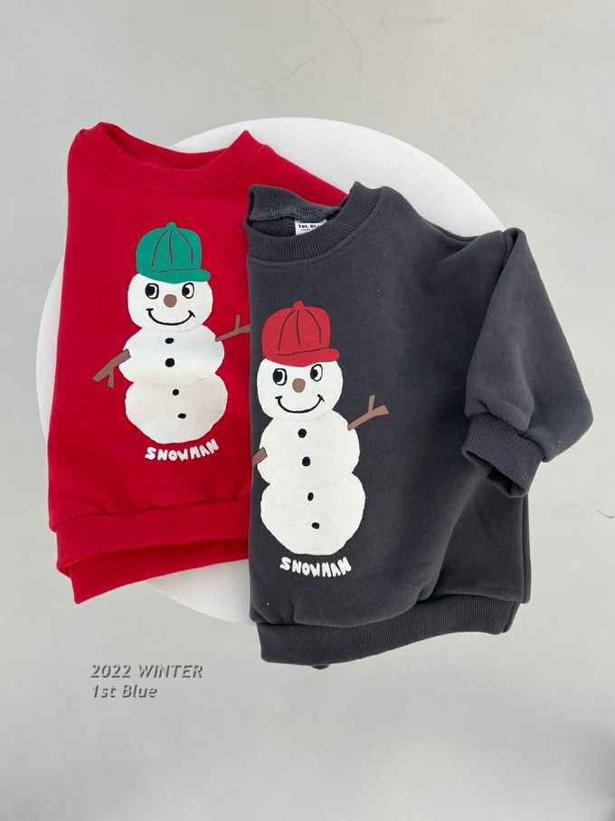 韓國 First Blue - 雪人圓領長袖上衣/聖誕節-紅