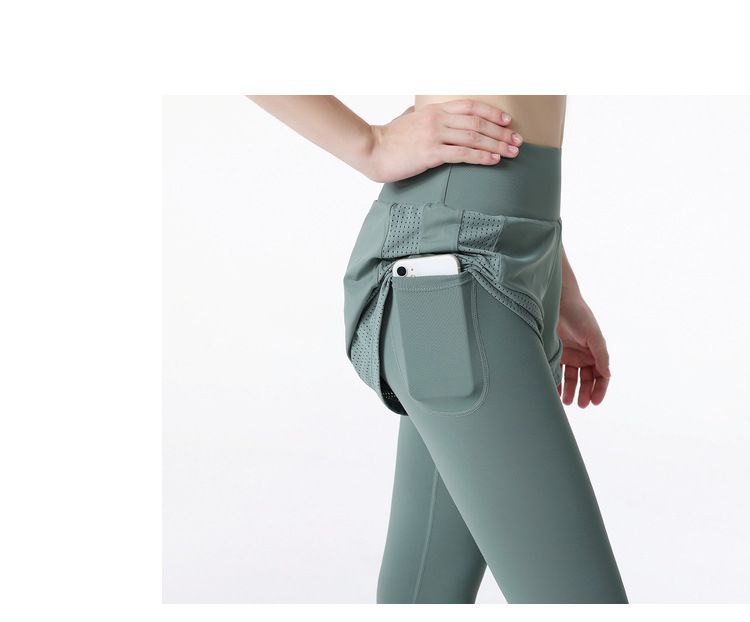 大碼高腰假兩件防走光瑜珈褲-黑色