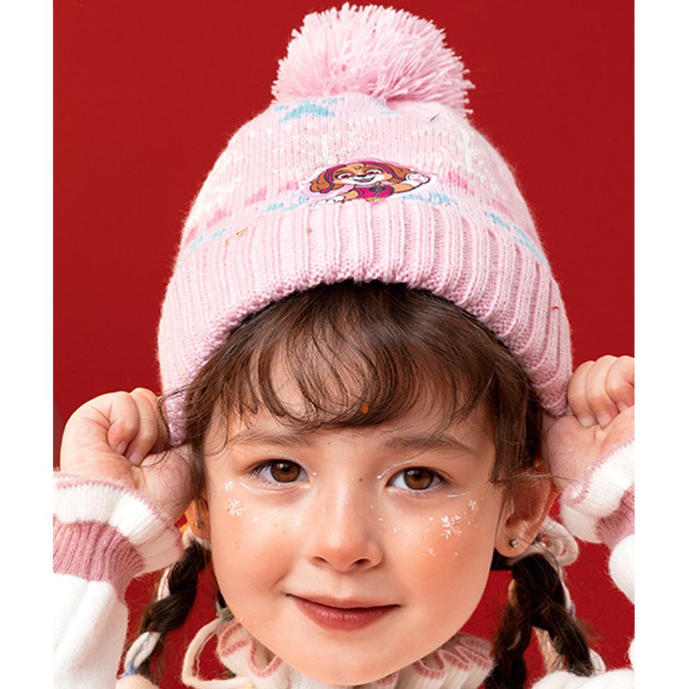 卡通汪汪隊保暖加絨毛球針織帽-卡通人物天天-粉色