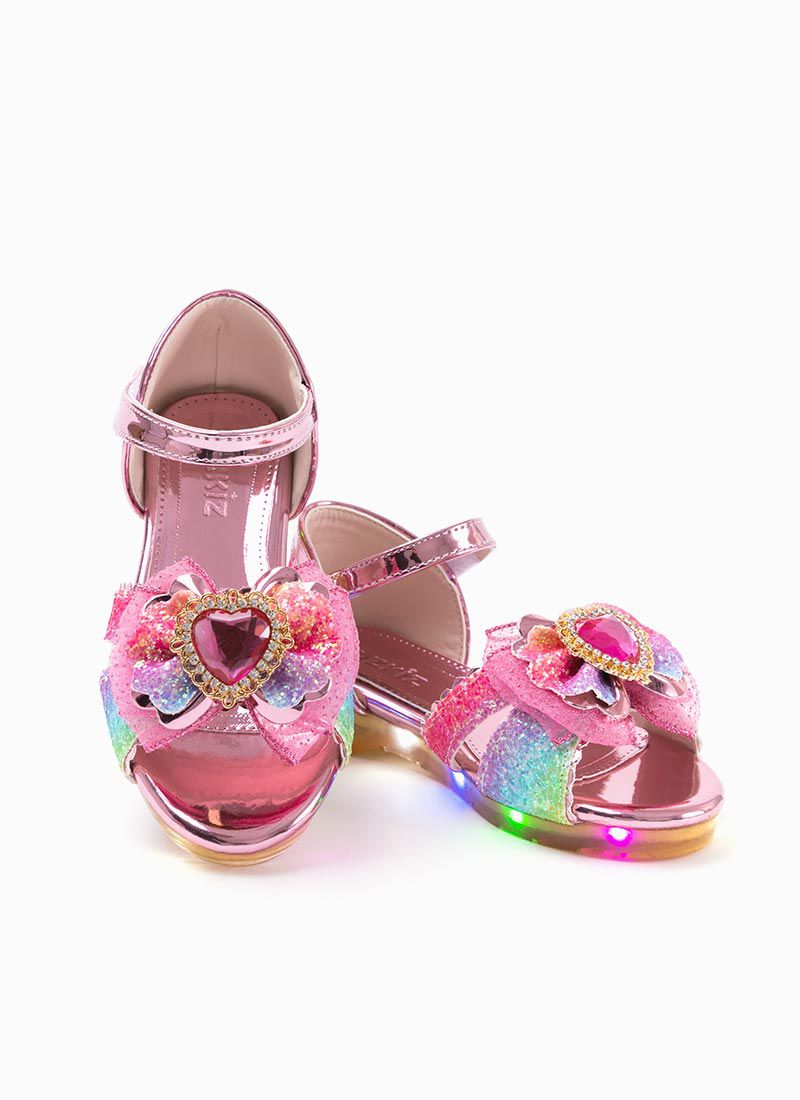 韓國 OZKIZ - (LED燈)粉紅愛心寶石魔鬼氈涼鞋