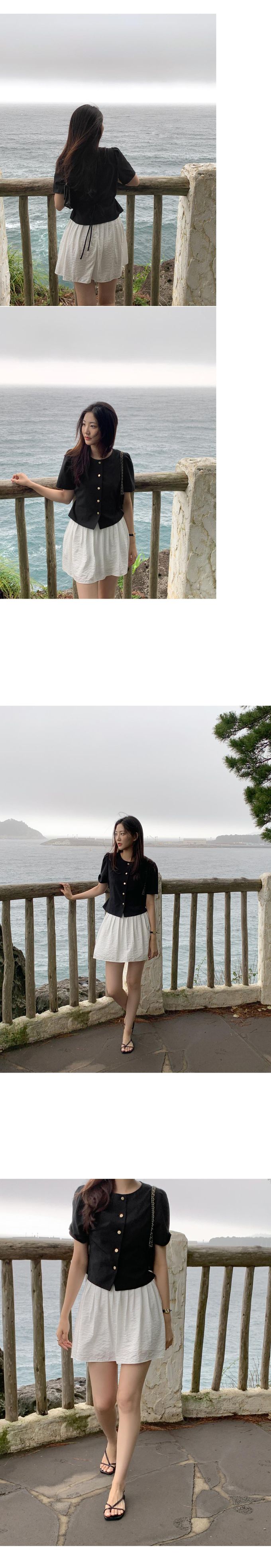 韓國 98doci - 氣質鈕扣公主抓褶袖襯衫-黑