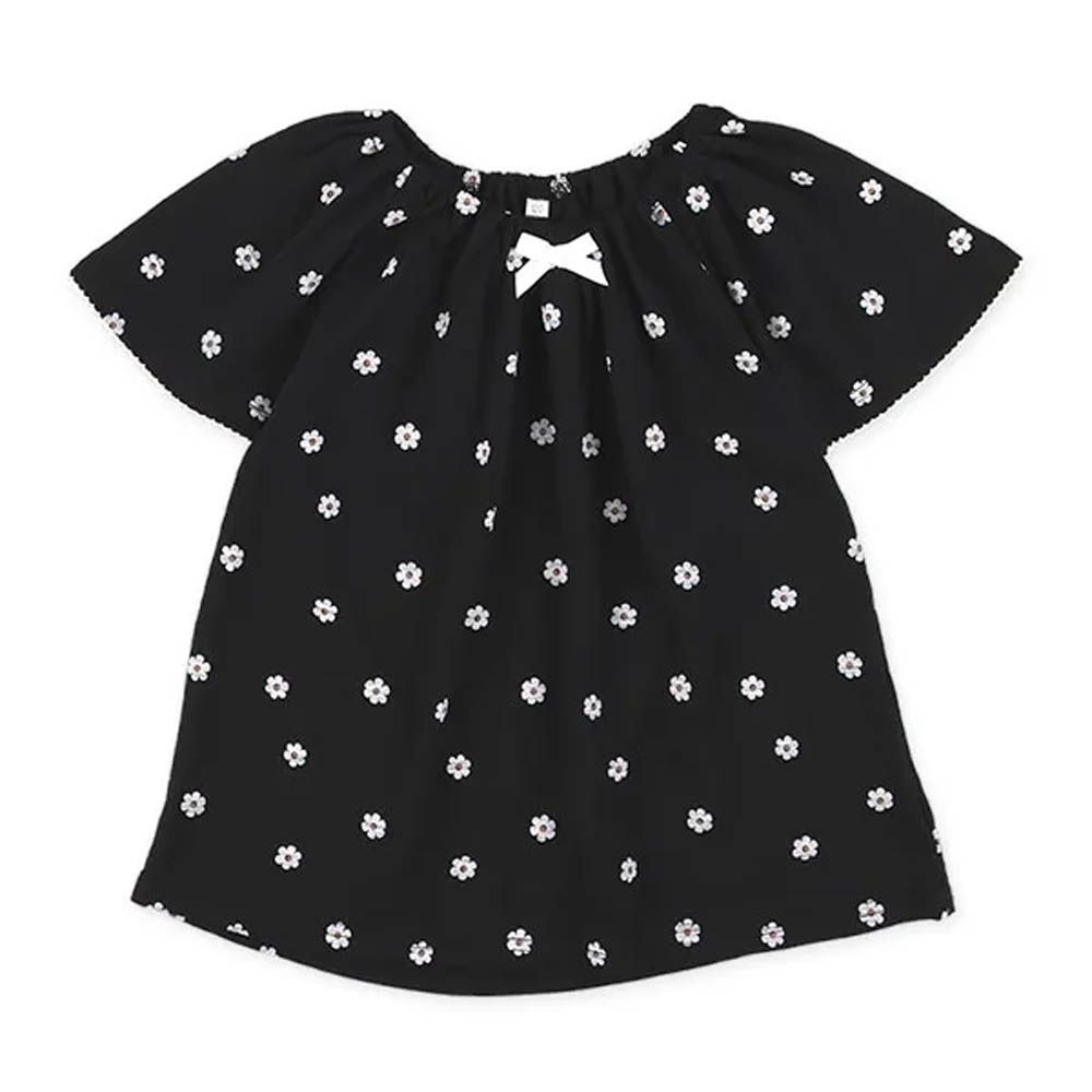 彈性領口女孩印花短袖上衣-小花-黑