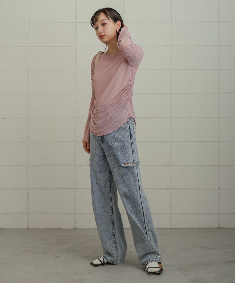 日本 Bab - 時尚透感抓皺長袖內搭/上衣-深可可