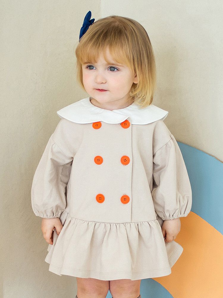 韓國 Pimpollo - 雲朵翻領鈕扣波浪洋裝-綠