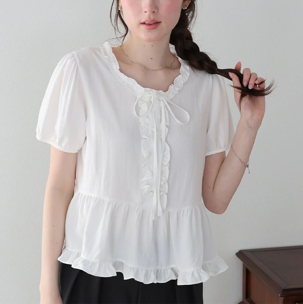 可愛蝴蝶結摺邊傘擺短袖上衣-白