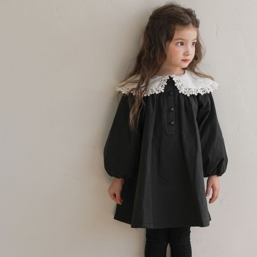 Puellaflo 復古蕾絲花邊大翻領澎澎袖洋裝-黑