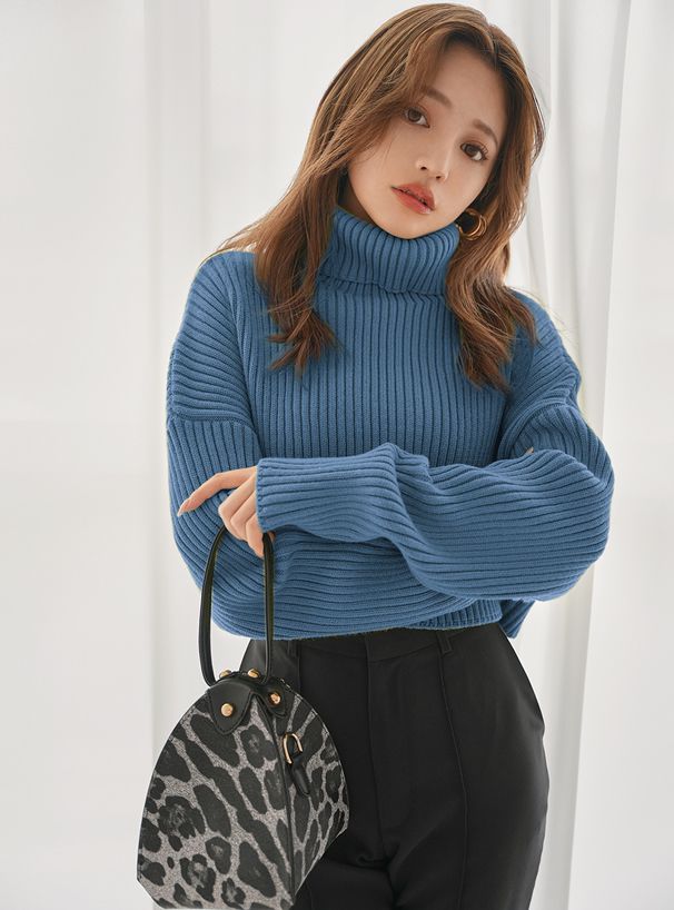 日本 GRL - 寬鬆短版高領坑羅紋針織上衣-褐杏