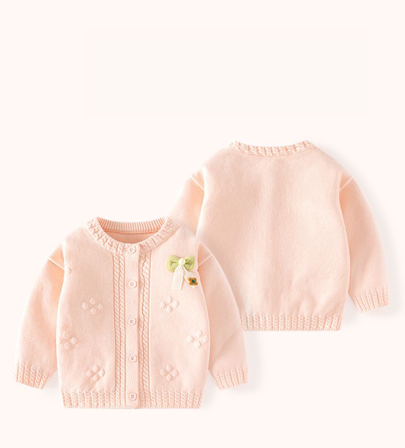 舒適圓領提花針織外套-蝴蝶結-粉橘色