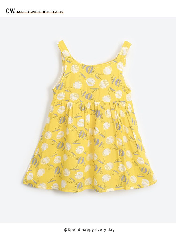 小清新印花吊帶洋裝-滿版花朵-黃+白+灰