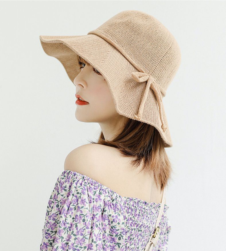 透氣可折疊遮陽棉纱草帽-綁繩蝴蝶結-米色 (56-58cm)