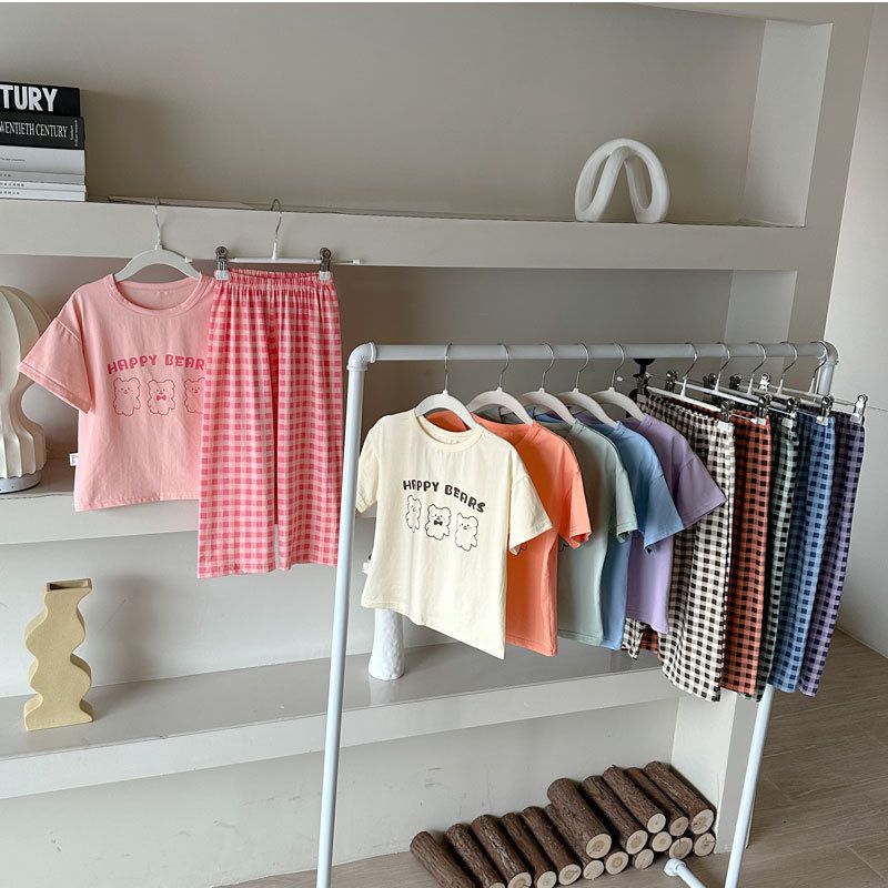 萊卡薄款短袖寬褲家居服套裝/空調服-熊熊+格子褲-奶油白