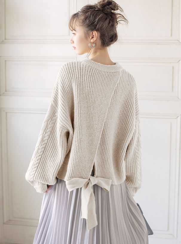 日本 GRL - 浪漫後蝴蝶結綁帶寬版針織毛衣-灰藍