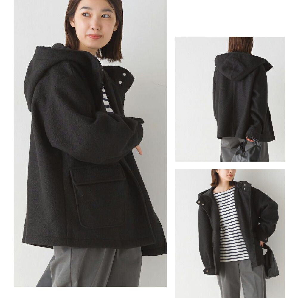 日本 OMNES - 文藝感牛角扣短版連帽大衣-米杏