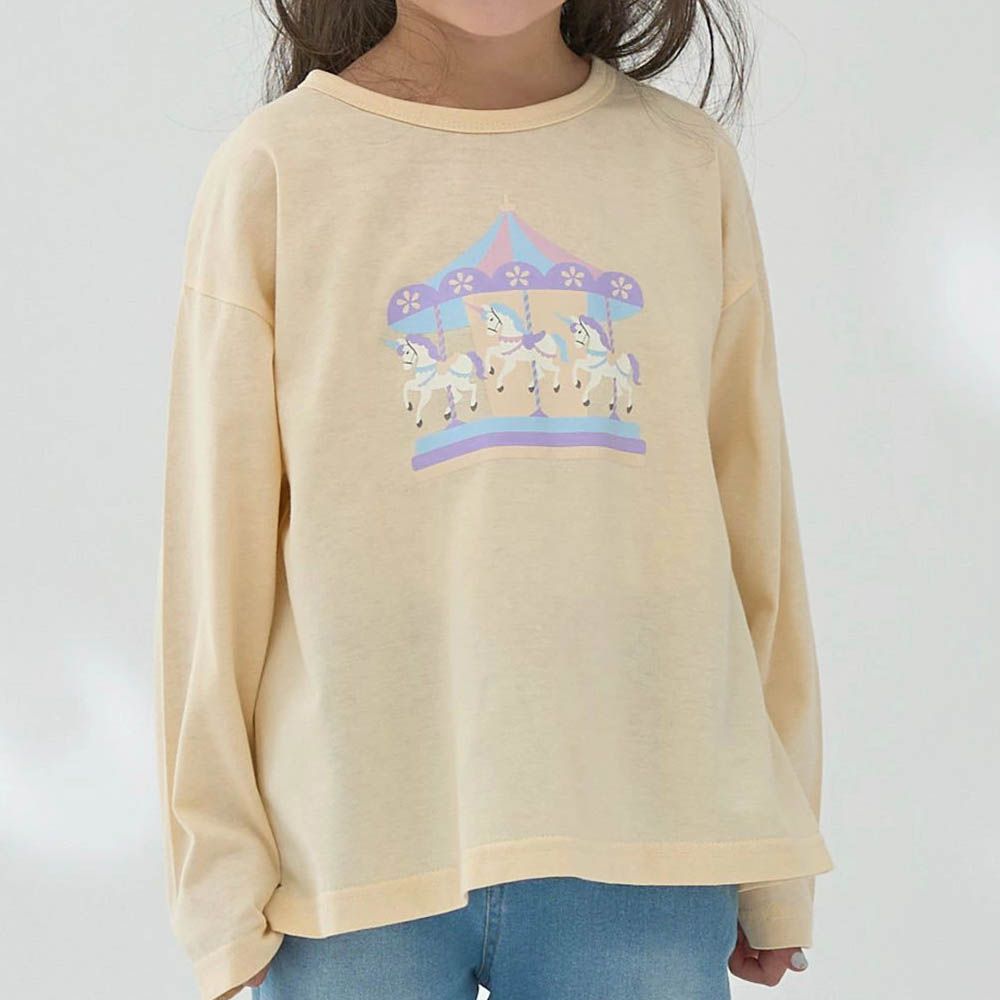100%棉 可愛少女印花長袖上衣-旋轉木馬-奶油黃
