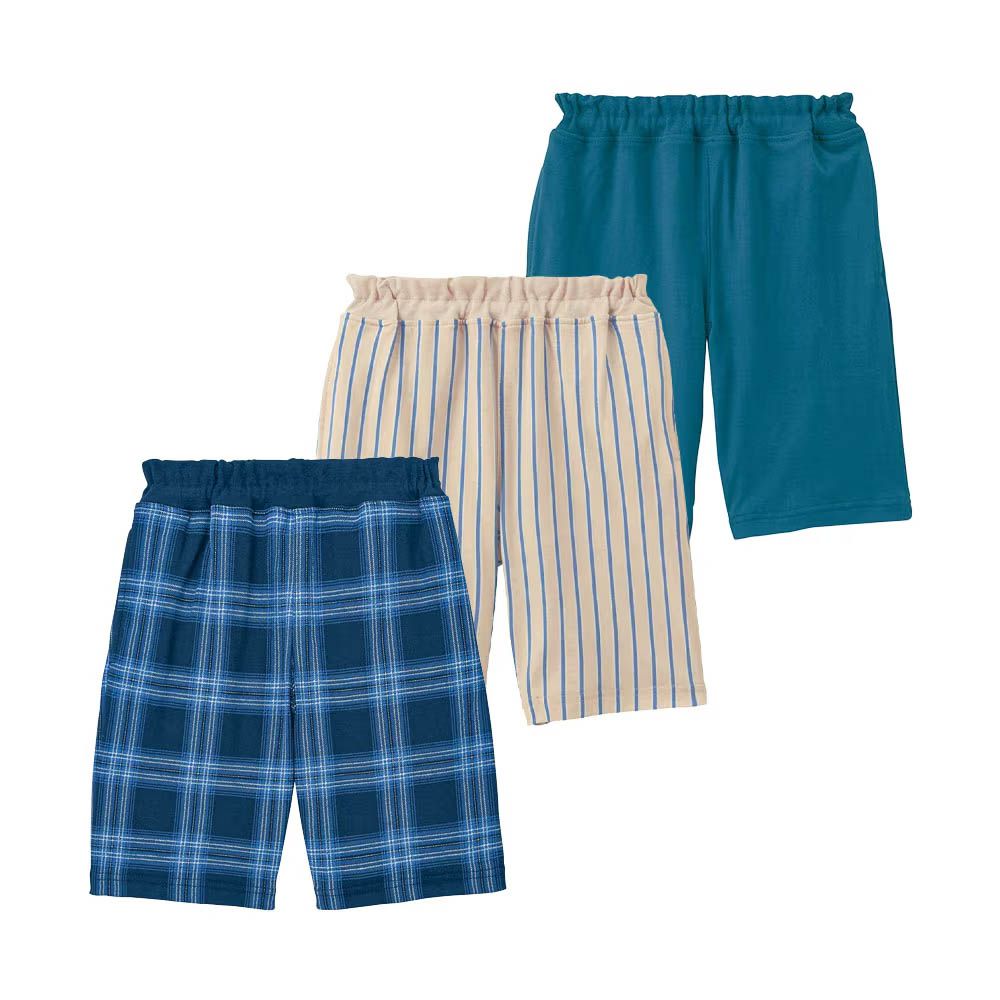 夏日百搭短褲超值3件組-格紋x直條紋x藍綠