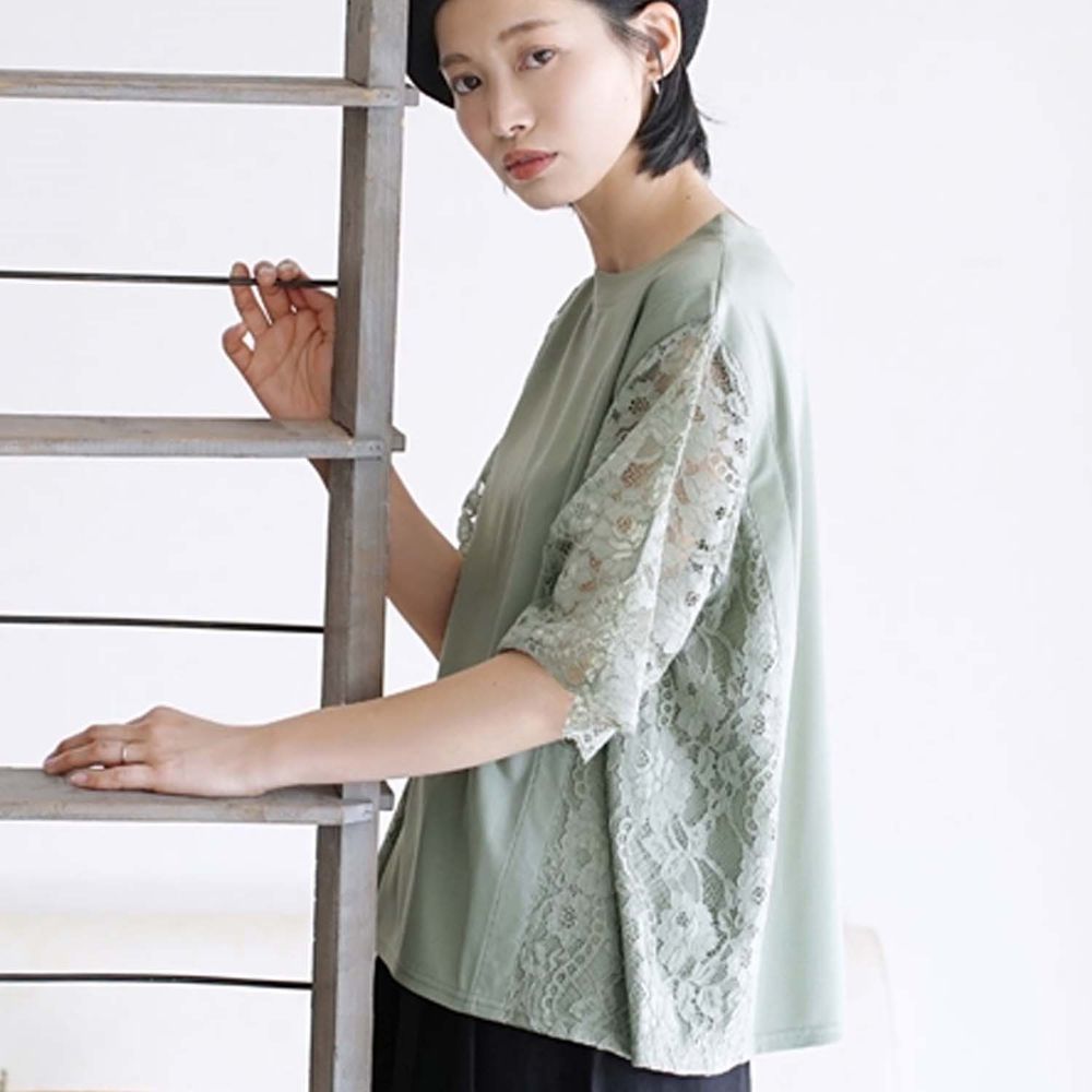 日本 zootie - 蕾絲雕花拼接五分袖上衣-薄荷綠