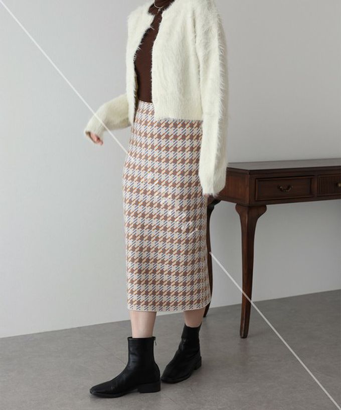 日本 BLUE EAST - 氣質千鳥格針織開叉合身長裙-黑灰