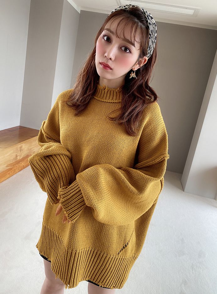 日本 GRL - 寬鬆修身線條微抓破邊衣領針織毛衣-時尚黑